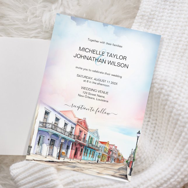 Invitación Novedosa Boda de destino Nueva Orleans (new orleans watercolor street view)