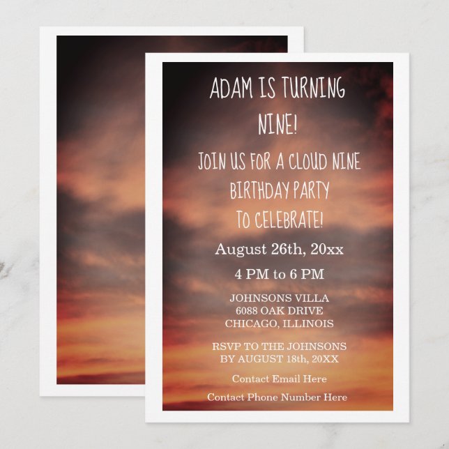 Invitación Novena Edad de Personalizado Nueve Años en la Nube (Anverso / Reverso)