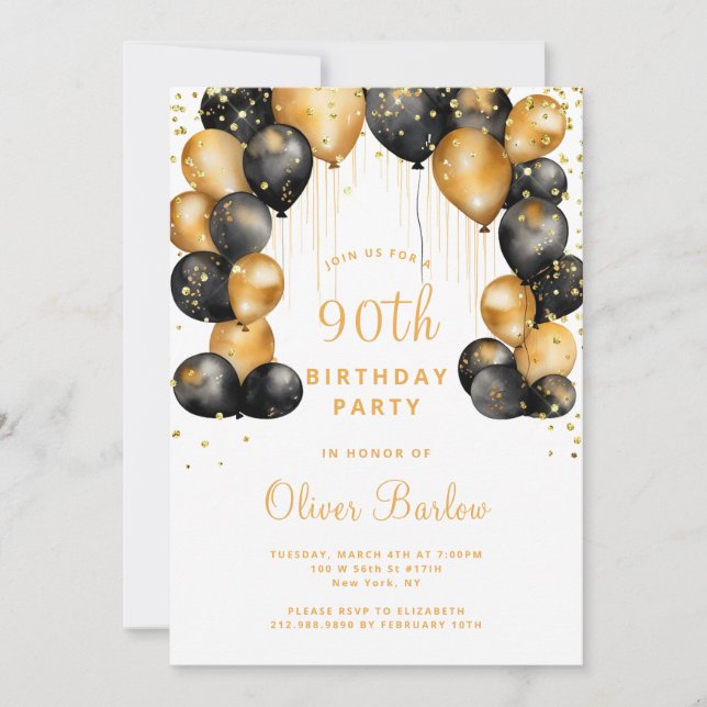 Invitación Novena fiesta de cumpleaños 90, oro negro (Anverso)
