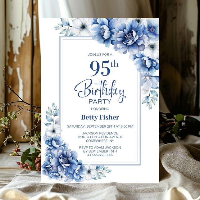 Invitación Novena fiesta de cumpleaños 95ª floral azul modern (Subido por el creador)