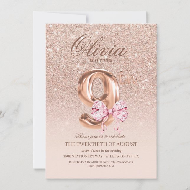 Invitación Novena fiesta de cumpleaños de Rosa de oro rosado (Anverso)