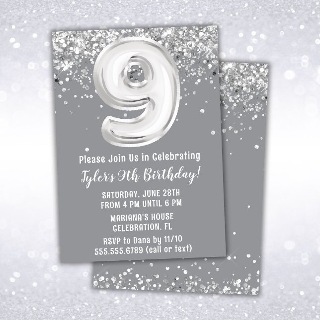 Invitación Novena fiesta de cumpleaños Gray Silver (Subido por el creador)