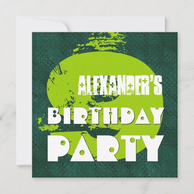 Invitación Novena Fiesta de Cumpleaños Puestos verdes Grunge  (Anverso)