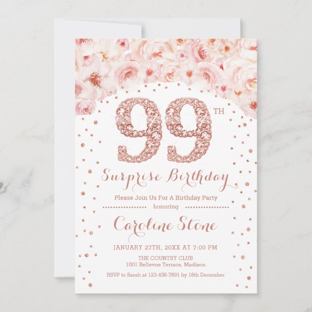 Invitación Novena fiesta de cumpleaños sorpresa - Oro rosa bl (Anverso)