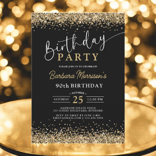 Invitación Noveno 90.º cumpleaños Purpurina de oro negro cual