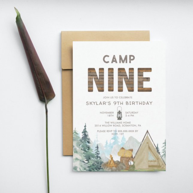 Invitación Noveno cumpleaños de Rustic Wood Camping (Subido por el creador)
