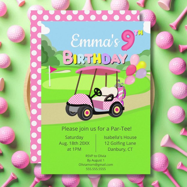 Invitación Noveno cumpleaños Polka Dot Pink Girly Golf (Subido por el creador)