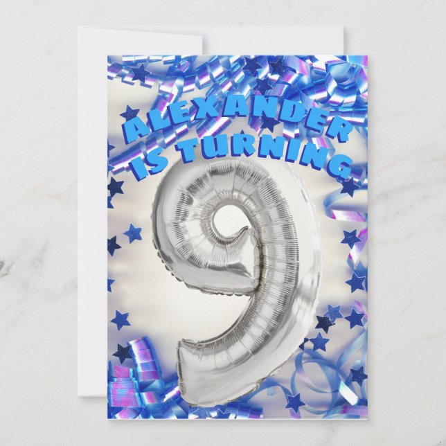 Invitación Noveno cumpleaños Silver y Blue Age 9 niños Fiesta (Anverso)