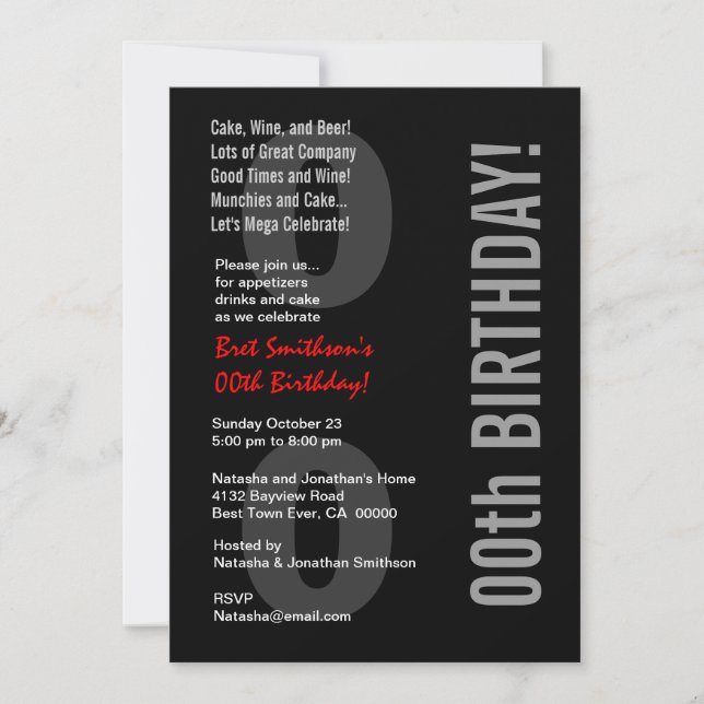 Invitación Noveno estilo moderno cumpleaños blanco negro rojo (Anverso)