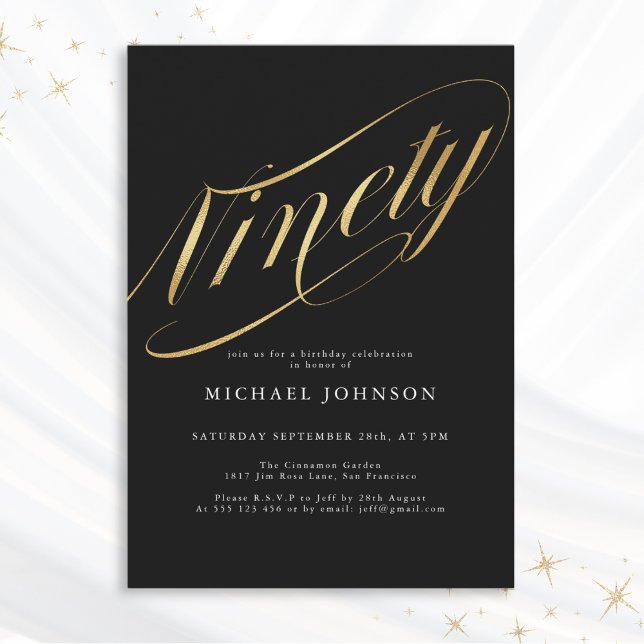 Invitación Noventa Black y Oro 90 cumpleaños (Mockup View)
