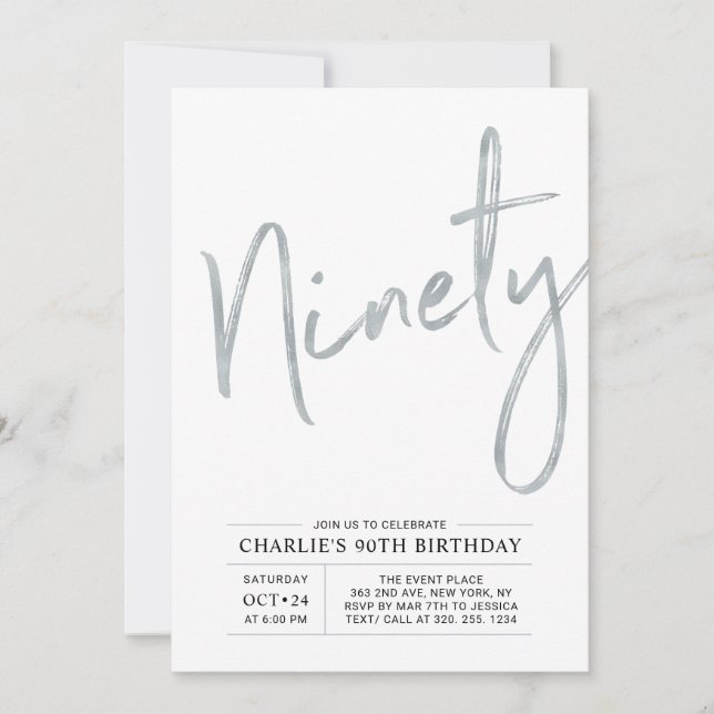 Invitación Noventa | Cepillo Moderno de Plata Cumpleaños 90 (Anverso)