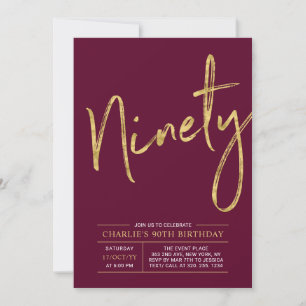 Invitación Noventa   Cumpleaños 90 Burgundy Rojo Dorado Fiest