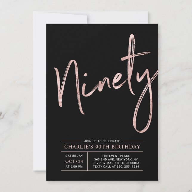 Invitación Noventa | Cumpleaños 90 de Rosa Oro y Negro (Anverso)