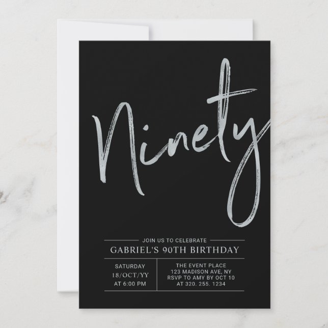 Invitación Noventa | Modern Silver y Black 90th Birthday Part (Anverso)