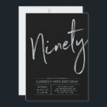 Invitación Noventa | Modern Silver y Black 90th Birthday Part<br><div class="desc">Celebra tu día especial con esta sencilla y elegante invitación a la fiesta de cumpleaños número 80. Este diseño presenta un guión de pincel "Noventa" con un diseño limpio sobre un fondo negro. Se puede personalizar el texto y el color de fondo. Hay más diseños y suministros de fiesta disponibles...</div>