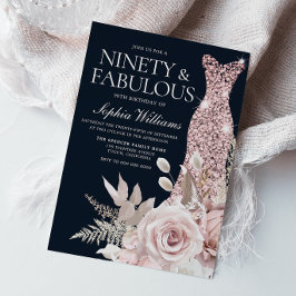 Invitación ¡Noventa Y Fabuloso! Dusty Rosa Floral 90 cumpleañ