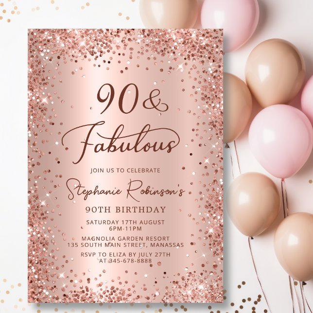 Invitación Noventa y fabuloso Rosa Purpurina de Oro 90º cumpl (Subido por el creador)
