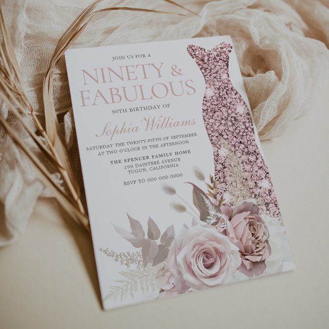 Invitación ¡Noventa Y Fabuloso! Rubor Gown Floral 90 cumpleañ (Subido por el creador)