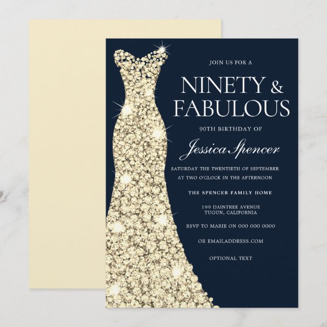 Invitación ¡Noventa y fabuloso! Vestido de oro vestido 90 cum (Anverso / Reverso)
