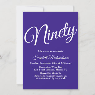 Invitación Noventa y moderna escritura morada 90 cumpleaños