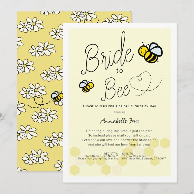 Invitación Novia a abeja ducha de novia amarilla ligera por c (Anverso / Reverso)
