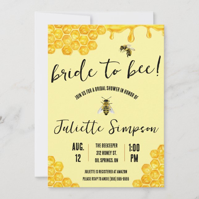 Invitación ¡Novia a Bee! Abeja de miel, miel, ducha de novia (Anverso)