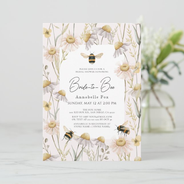 Invitación Novia a Bee Chamomile Daisies ducha de novia rosa (Anverso de pie)