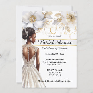 Invitación Novia afroamericana flor de oro blanco novia