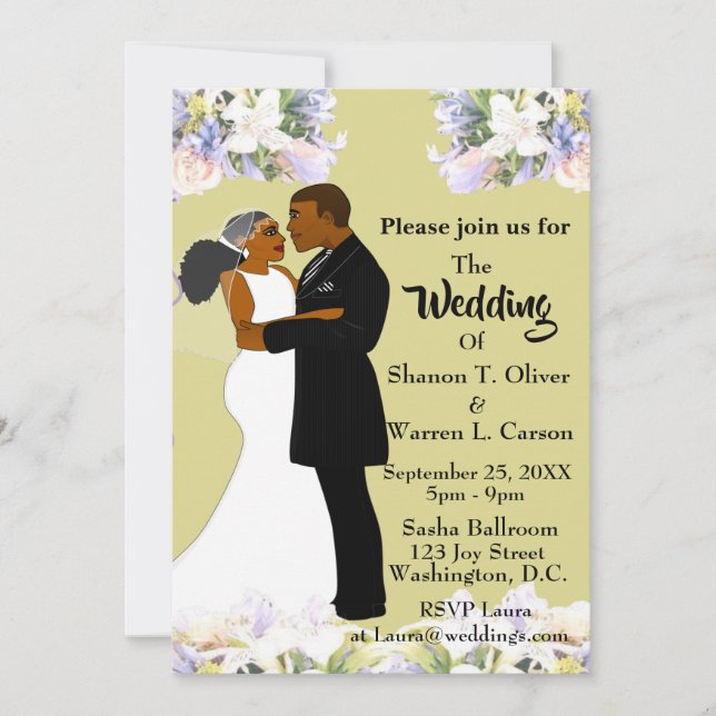 Invitación Novia afroamericana y Boda floral de Groom (Anverso)