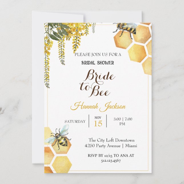 Invitación Novia amarilla a ducha de novia en abeja (Anverso)
