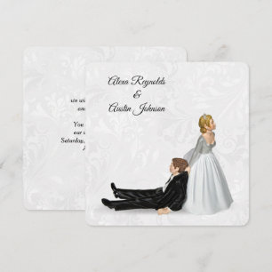 Invitación Novia arrastrando al novio humor de boda