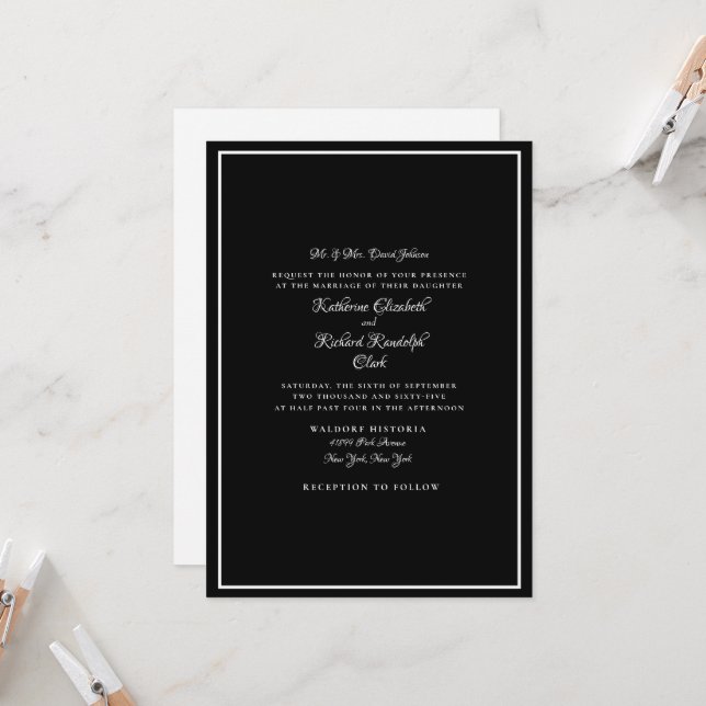 Invitación Novia Boda negra formal, padres de novias (Anverso/Reverso In Situ)