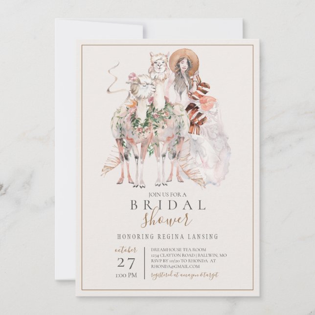 Invitación Novia Boho y ducha nupcial de Llamas (Anverso)