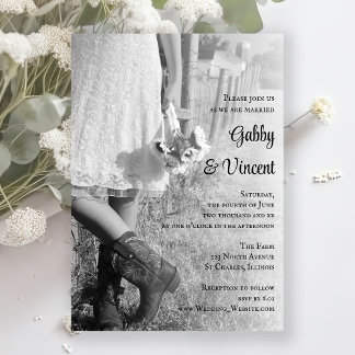 Invitación Novia, boots de vaquero y Boda occidental de giras