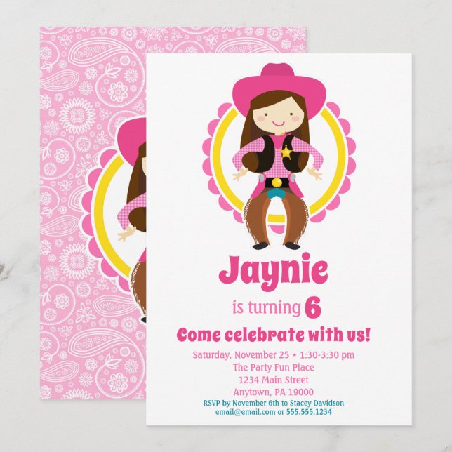 Invitación Novia - Brunette Cute Cowgirl Birday Party (Anverso / Reverso)