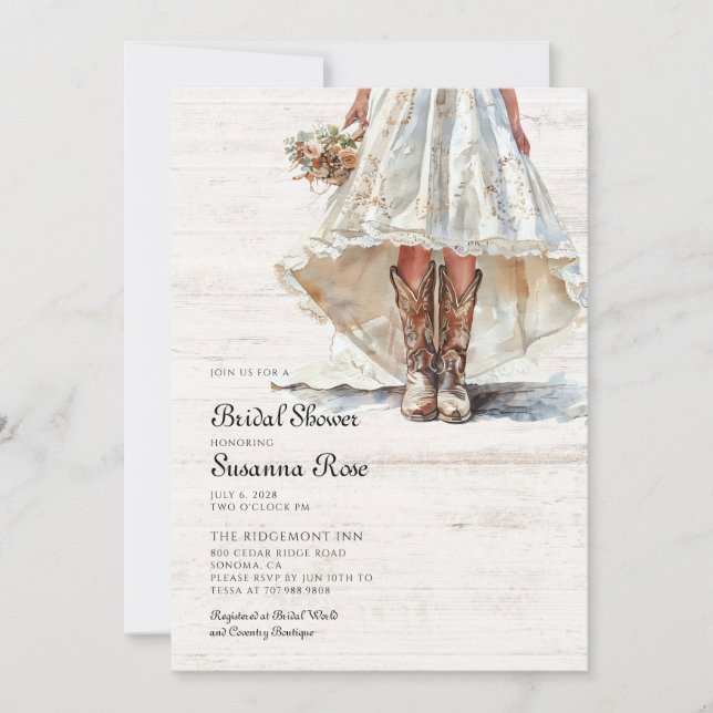 Invitación Novia Con Vestido Boda Vaca Boots Con Ducha De Nov (Anverso)