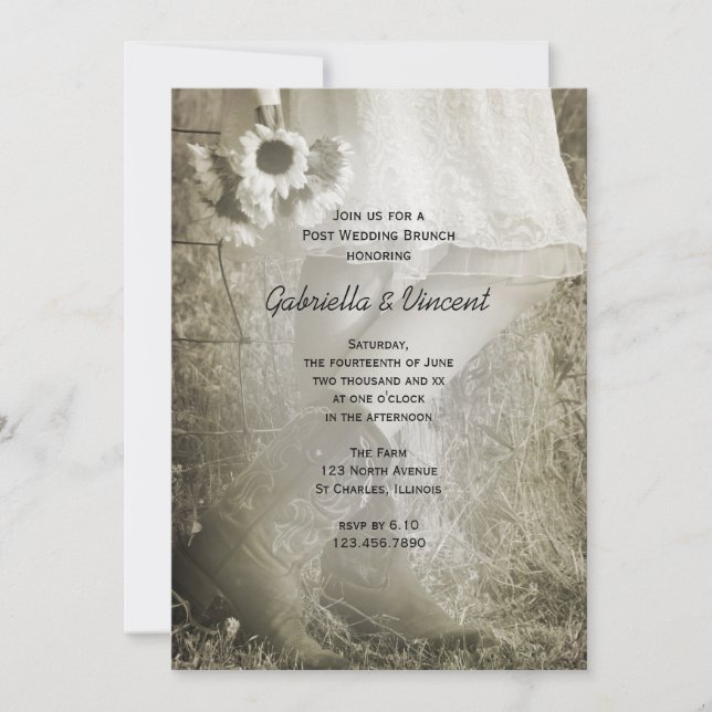 Invitación Novia Cowboy Boots Sunflowers Post Boda Brunch (Anverso)