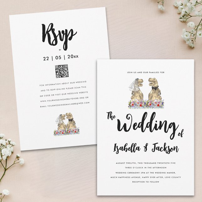Invitación Novia de dinosaurio y Boda de flores silvestres de (Dinosaur theme wildflower wedding invitation with T-Rex bride and groom wedding website rsvp qr code)