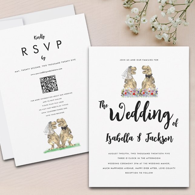 Invitación Novia de dinosaurio y Boda de flores silvestres de (Fun T-Rex bride and groom wildflower boho dinosaur Jurassic wedding qr code invitation )