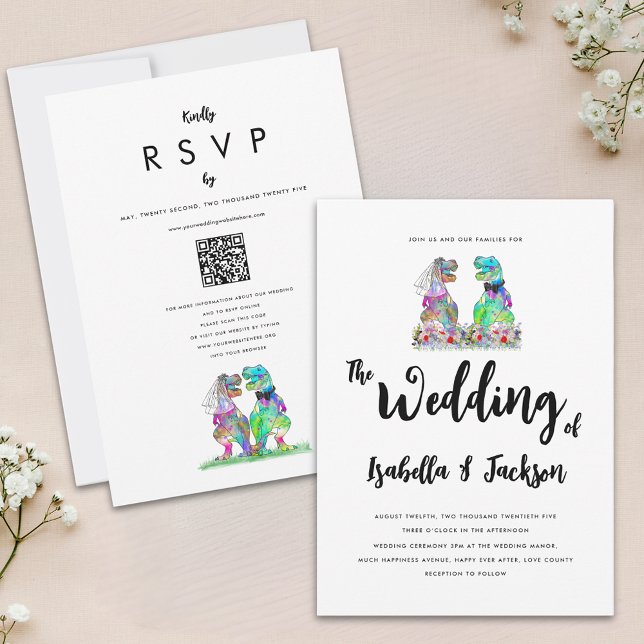 Invitación Novia de dinosaurio y Boda de flores silvestres de (Fun dinosaur bride and groom boho wildflower wedding invitation qr code colorful watercolor florals)