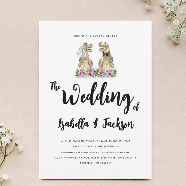 Invitación Novia de dinosaurio y Boda de flores silvestres de (Boho wildflower Dinosaur theme wedding invitation with funny T-Rex bride and groom)