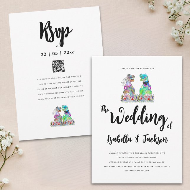 Invitación Novia de dinosaurios y Boda de Groom (Dinosaur theme wildflower wedding invitation with dino bride and groom wedding rsvp website qr code)