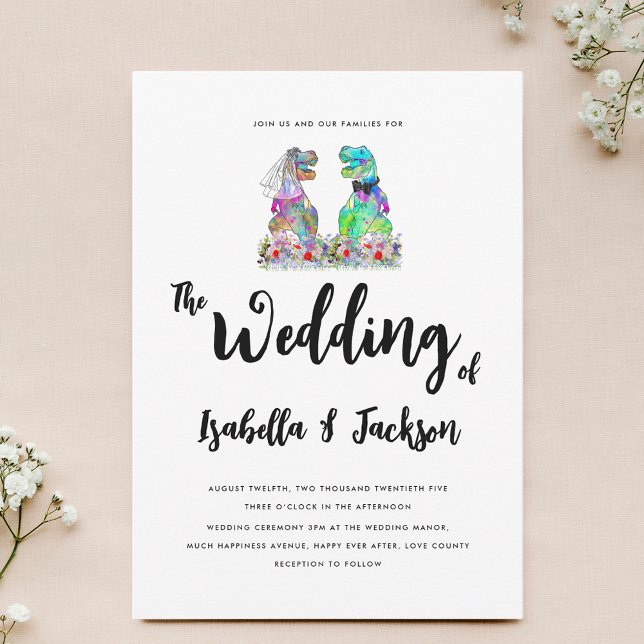 Invitación Novia de dinosaurios y Boda de Groom (Colorful boho wildflower Dinosaur theme wedding invitation with fun T-Rex bride and groom)