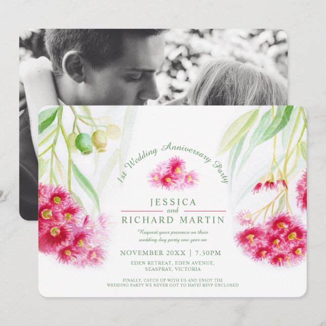 Invitación Novia de eucalipto rojo acuarela Primera fiesta de (Anverso / Reverso)
