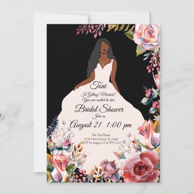 Invitación Novia de jardín floral afroamericano - Negro (Anverso)