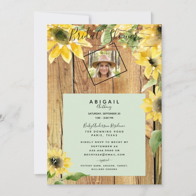 Invitación Novia de Novia de Girasol Rústica Foto Noche de Ma (Anverso)