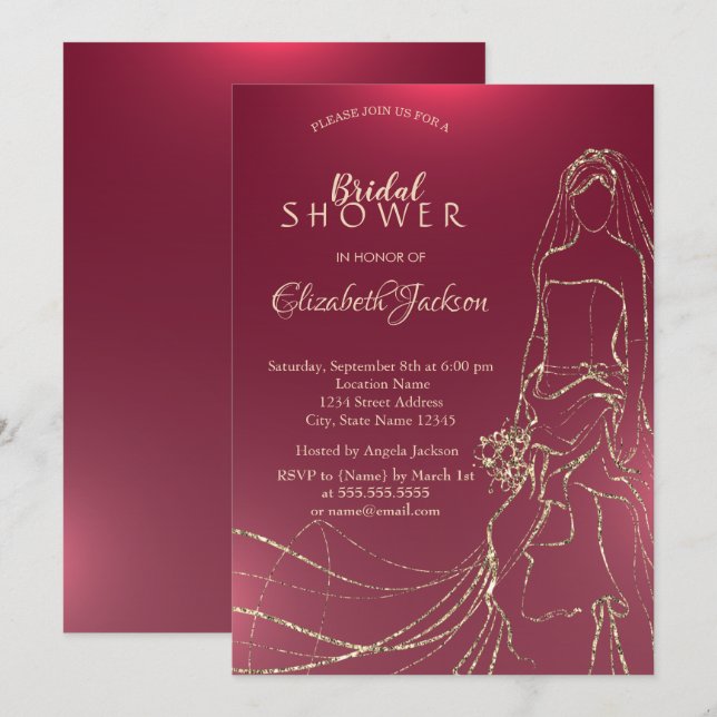 Invitación Novia de oro elegante, ducha de novia (Anverso / Reverso)