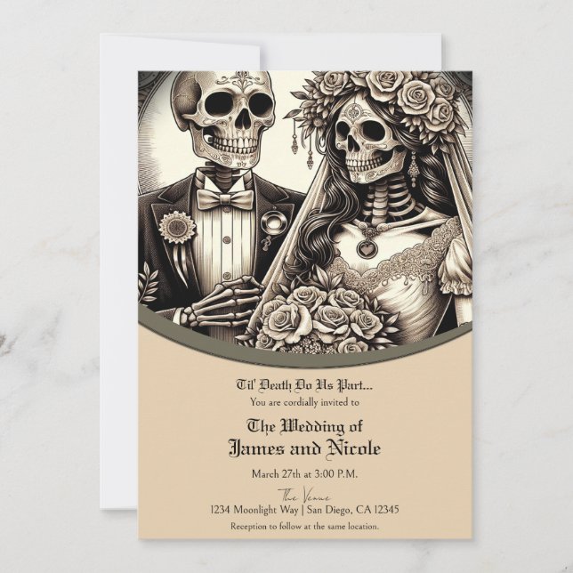Invitación Novia de Skeleton y Groom Beige Tan Boda (Anverso)
