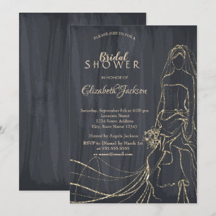Invitación Novia Dorada Elegante, Ducha Nupcial Negra