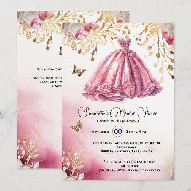 Invitación Novia dorada rosa para vestirse de lujoso vestido  (Anverso / Reverso)